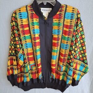 Vtg 80s Peter Popovitch Bomber Jacket Tassel‎ Print Baroque Art to Wear M USA